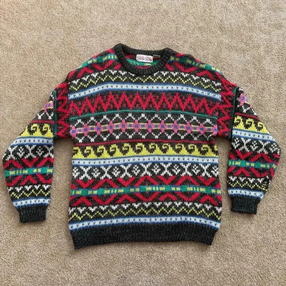 Back to back Sweaters - VTG Chunky Knit Sweater Women's L Fair Isle 80s 90s Back To Back Multicolor